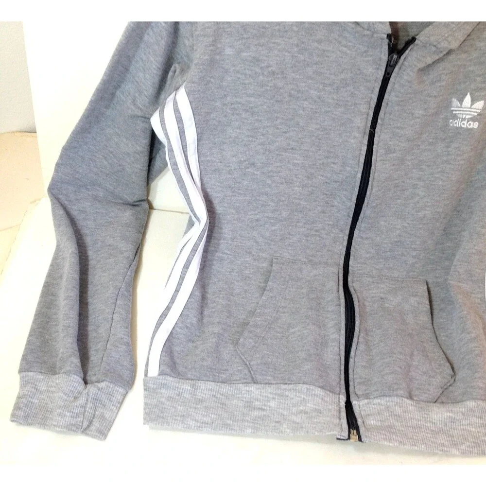 Adidas Hoodie Full Zip Sweatshirt Gray Youth Large 14/16 Soft Feel Pockets